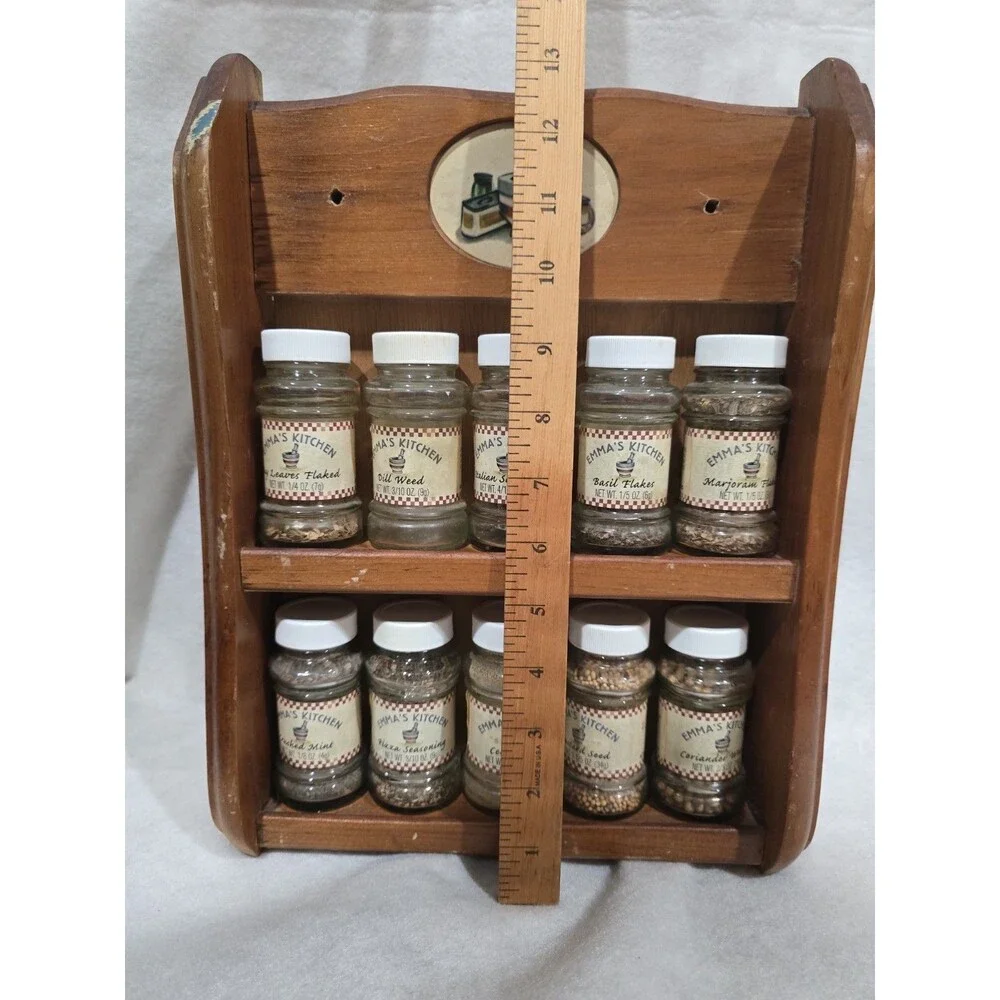 Vintage Emma's Kitchen Wooden Spice Rack 2 Tier Wall Mount 10 Glass Jars MCM